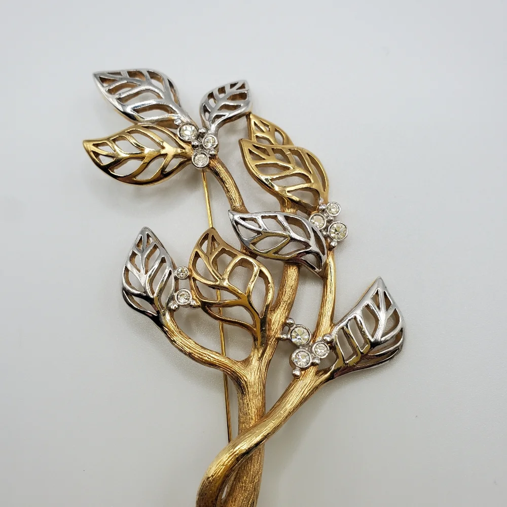 MCM Grossé Brooch Pin. Marked. Gold And Silver Tone Leaves. Rhinestones. Vintage